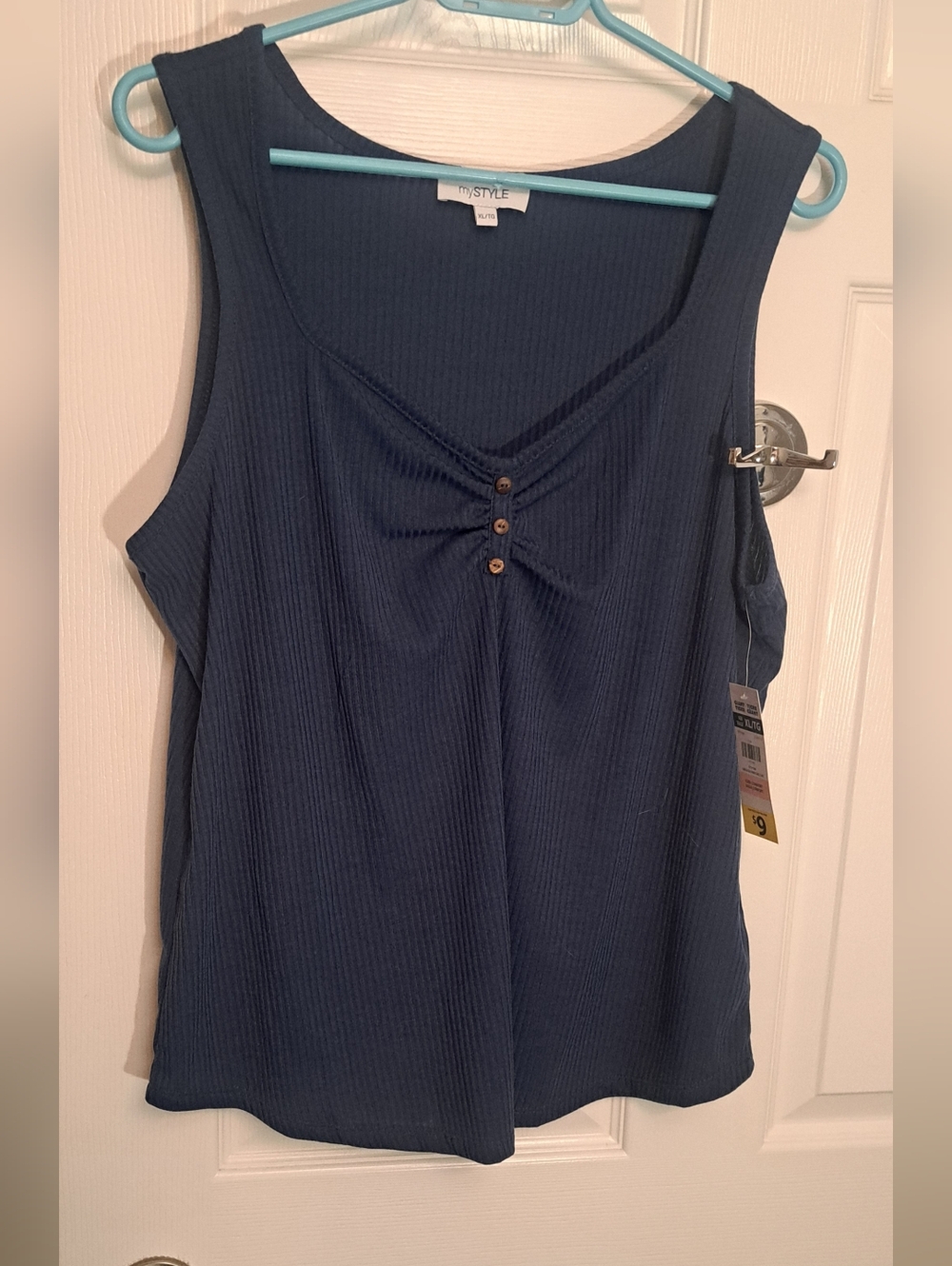 Navy Ribbed Tank Top with Button Detail